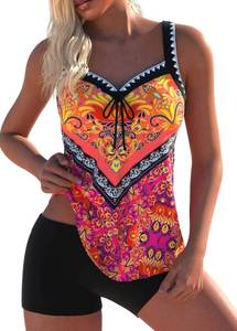 lot 306 image: MODLILY Bowknot Tankini Swimsuits for Women, Tribal Print Two Piece Bathing Suits, Chic Top with Boy Shorts XXL - Retail $40