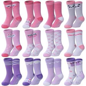 lot 307 image: DOSKONI Toddlers Girls Non Slip Animal Grip Socks - Crew Cotton Socks with Grippers, 12 Pairs, 5-8 Year Old - Retail $15