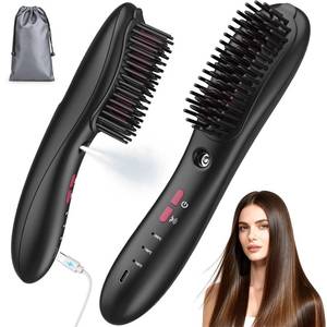 lot 309 image: Wireless Straightener Comb with Spray Mist - 3 in 1 Straightening Brush, 3 Temp Settings, 3000mAh Rechargeable, 50 Min Runtime, for All Hair Types - Retail $40