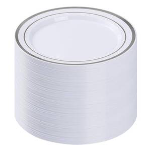 lot 322 image: BESTVIP 100PCS Silver Plastic Plates, 10.25 Inch Disposable Dinner Plate Party with Silver Rim for Christmas, Thanksgiving, Heavy Duty Disposable Plastic Plates for Party, Wedding and Birthday, Events - Retail $36