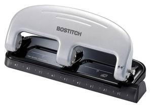 lot 326 image: Bostitch Office EZ Squeeze 3-Hole Punch, 20 Sheet Capacity, Reduced Effort, No Jam Technology, Silver - Retail $16