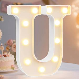 lot 328 image: Pooqla LED Marquee Letter Lights Sign, Light Up Alphabet Letter for Home Party Wedding Decoration U - Retail $10