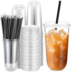 lot 335 image: Ziliny 100 Set Clear Plastic Cups with Lids and Straws, Disposable Iced Coffee PET Cups for Drinking Cold Beverage Juice Parfait Smoothie Milkshake Coffee Shops Party Supplies (20 oz) - Retail $36