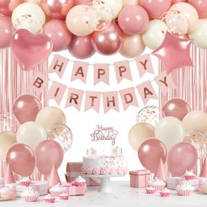 lot 340 image: Pink Birthday Decorations for Women with Metallic Rose Gold Dusty Pink Balloons Happy Birthday Banner Fringe Curtains for Women Birthday Decorations - Retail $8