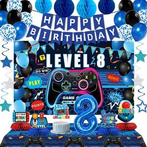 lot 369 image: Video Game 8th Birthday Decorations for Boys, Blue Level 8 Party Decor Kits for Boy, 8 Years Old Game Supplies- Backdrop Honeycomb balls Hanging Swirls Centerpieces Balloons Tablecloth Cake topper - Retail $19