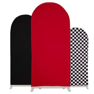lot 372 image: 3pcs Arch Backdrop Cover Set, 6Ft & 5Ft & 4Ft Racing Truck Theme Arch Backdrop Cover Party Decorations for Fitted Kids Birthday Wedding Banquet Ceremony (Black, Red, Checkered) - Retail $33