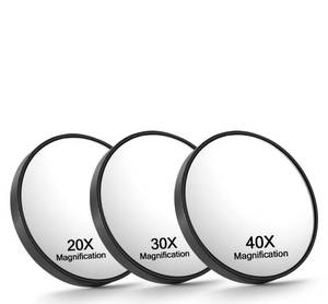 lot 389 image: Macaki 20X30X40X Magnifying Mirror with Suction Cups and Tweezers Set, 3.5 inches Travel Magnified Makeup Mirror, Black, 3PCS - Retail $10