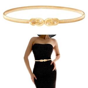 lot 390 image: LXUEJIE Gold Elastic Skinny Waist Belt for Women, Adjustable Fashion Waistband with Metal Buckle Thin Elastic Chain Belt for Dresses Ladies Dress Jeans Shirt - Retail $6