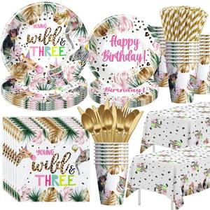 lot 394 image: APOWBLS Young Wild And Three Decorations Girl Dinnerware, Safari 3rd Birthday Party Supplies, Plate, Cup, Napkin, Tablecloth, Cutlery, Straw, Animal Jungle 3 Year Old Birthday Decorations  Serves 24 - Retail $21