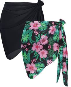 lot 400 image: 2 Pieces Sarong Cover Ups for Women Beach Bathing Suit Wrap Sheer Short Skirt Bikini Chiffon Scarf for Swimwear (Black & Green Pink Floral) - Retail $13