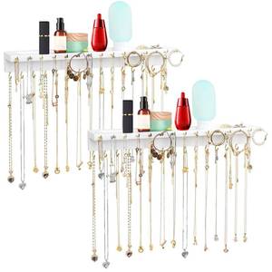 lot 406 image: YYILIS Necklace Holder, Upgraded Extra Large Wall Necklace Organizer with 30 Hooks Wall Mounted Necklace Hanger with Jewelry TrayCosmetics Shelf Rustic Pine Wood Holder (2 Pack-Double White) - Retail $22