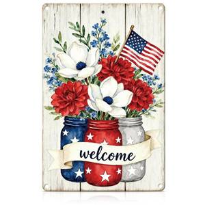 lot 420 image: Vintage 4th of July Welcome Metal Tin Sign Patriotic Wreaths American Red White Blue Flag Wall Art for Wall Decor Independence Day Memorial Day Decoration - Retail $10