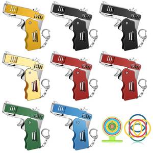 lot 426 image: 8 Sets Mini Rubber Band Toy Metal Folding Rubber Toy Shooter Launcher with Keychain for Teens Adults Game Outdoor Activities, 6 Colors - Retail $23