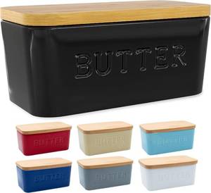 lot 432 image: PriorityChef Extra Large Butter Dish with Lid for Countertop, Ceramic Butter Container With Airtight Cover, Butter Keeper for Counter or Fridge, Black Butter Holder Storage - Retail $19