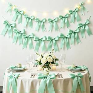 lot 447 image: 2 Strings Sage Green Bow Garland Banner Decorations, Pre-Strung Satin Ribbon Bows for Birthday, Baby Shower, Bridal Shower, Coquette Girls Room, Bow Themed Party, Wedding, Christmas Tree Decorations - Retail $15