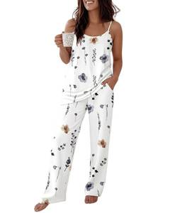 lot 451 image: CHICME Womens Pajamas Set 2 Piece Adjustable Strap Tank Pj Set Loose Printed Pants Sleepwear Lounge Set Floral White-XL - Retail $23