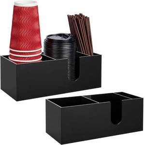 lot 452 image: Fiwochic 2 Pcs Acrylic Coffee Cup Holder with 3 Compartments Coffee Cup Dispenser for Countertop Plastic Lid Holder Station Pod Organizer Accessories for Kitchen Bar Shop Farmhouse Table(Black) - Retail $26
