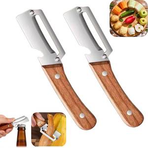 lot 458 image: 2 PCS Multi-Functional Kitchen Peeler, Vegetable Peeler, Wooden Kitchen Tool, Premium Wooden Handle - Stainless Steel Single Blade & Built-In Bottle Opener, Suitable for Peelable Vegetables & Fruits - Retail $10