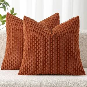 lot 466 image: ONE PILLOW CASE Fall Throw Pillow Covers Soft Corduroy Decorative Boho Striped Pillow Covers Pillowcases Farmhouse Home Decor for Couch Bed Sofa Living Room Rust 18x18 Inch - Retail $10