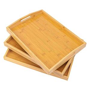 lot 469 image: ONE PIECE DAMAGED kukmakri 3 Pack Bamboo Serving Tray, 16x 11.6 Inch Wooden Serving Trays with Handles, Bamboo Trays for Serving Food, Perfect for Dinner, Tea, Bar, Breakfast, and Food for Parties, Bed, & Kitchen - Retail $35