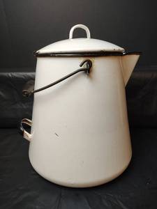 lot 204 image: White Enamelware Coffee Boiler Pot with Black Trim