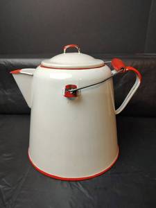 lot 205 image: White and Red Enamelware Coffee Pot