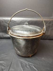 lot 216 image: Cast Iron Three-Legged Footed Pot with Lid and Bail Handle