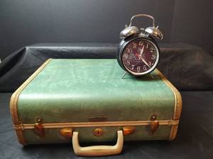 lot 244 image: Vintage Samsonite Shwayder Bros Hard Shell Suitcase with Westclox Twin Bell Alarm Clock