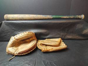 lot 296 image: Wooden Baseball Bat with Two Leather Baseball Gloves