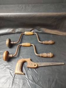 lot 314 image: Vintage Hand Brace Drills and Keyhole Saw with Wood Handles