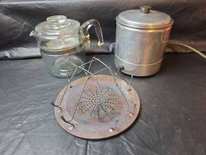 lot 326 image: Vintage Glass Coffee Percolator,  Toaster Rack, and West Bend Food Warmer