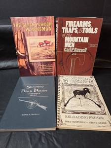 lot 341 image: 4 Books Black Powder Plainsman, Firearms Traps Tools Mountain Men, Shooting Black Powder, and SDC Lubricants BD Cartridge Reloading Primer