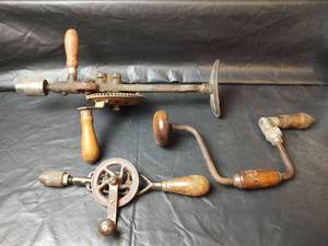 lot 383 image: Vintage Hand Tools with Wood Handles Hand Drill, Braces, Augers