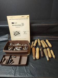 lot 418 image: Sears Craftsman Router Stencil Set 9 2518 with Router Bits and Handles