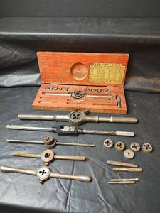 lot 420 image: Tap and Die Set with Wood Case and Reference Chart with Extras