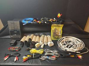 lot 540 image: Electronics Lot Auto Stop Sanyo Cassette Deck, Cables, Adapters and Extension Cords