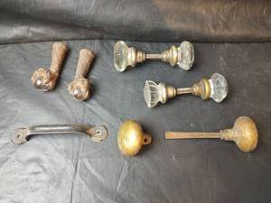 lot 682 image: Antique Door Knobs and Claw Foot with Glass Ball Table Leg