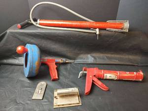 lot 698 image: Drain Snake, Caulking Gun, Manual Air Pump and Sanding Supplies