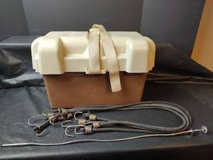 lot 754 image: Marine Plastic Battery Case, 41 inch Bungee Cords qty 4 and Steel Flexible Grabber