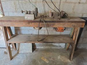 lot 1019 image: 2 Mounted Bench Grinders with Bench- 1 Motor needs replaced. 1 Cord needs replaced