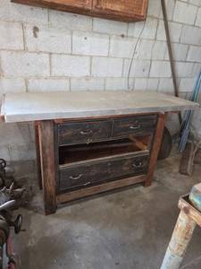lot 1029 image: Work Bench with Metal Top and Wood Base 3 Drawers- 1 Drawer Missing