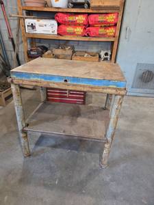 lot 1058 image: Industrial Work Table with 3in Thick Steel Top and Steel Frame