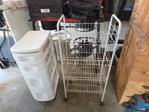 lot 1094 image: 4-Tier Wire Utility Cart with Casters and Plastic Storage Unit
