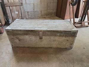 lot 1112 image: Wooden Storage Trunk with Metal Banding and Handles