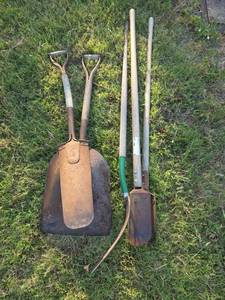 lot 1211 image: Scoop and Spade Shovels, Pitch Fork and Post Hole Digger