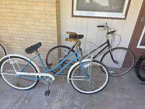 lot 1225 image: Two Adult Step-Through Beach Cruiser Style Bicycles - need tires