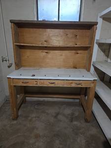 lot 1518 image: 2- Piece Wood Work Bench with Metal Top, Hutch Back Shelving and Three Drawers
