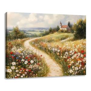 lot 18074 image: EUROPICART Countryside Church Path Canvas Wall Art, Floral Landscape Painting, 24 x 16 inches (slight crack in wooden frame on back side) - Retail $55