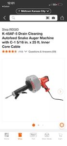 RIDGID K-45AF-5 Drain Cleaning Autofeed Snake Auger Machine C-1 5/16 in. x 25 ft. ( used. Works) - Retail: $537