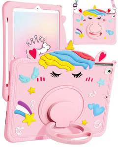 lot 18121 image: Gurgitat for iPad 6th5th GenerationAir 2Air 1Pro 9.7 Inch Case - with Pen Holder Cute Cartoon Unicorn Silicone Tablet Cover with Rotating Stand & Strap Girly Teens Girls Tab Funda - Retail $18
